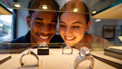 Happy couple choosing an engagement ring in a jewelry store. A young man and woman look at diamond rings in a display case with loving smiles.