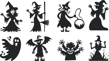 Halloween witch and monster silhouettes, spooky ghost, dark wizard, scary Halloween characters vector icons set