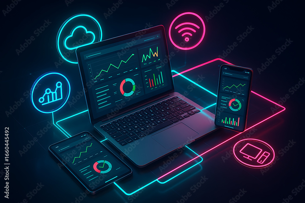 Fototapete responsive web design dashboard displayed across laptop, tablet, and smartphone with neon-lit analyt
