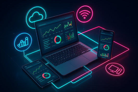 Responsive web design dashboard displayed across laptop, tablet, and smartphone with neon-lit analytics and data icons for business and technology concepts