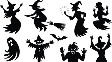 Halloween witches and spooky characters silhouettes, flying witch on broom, scary ghost, evil witch, Halloween vector icons set
