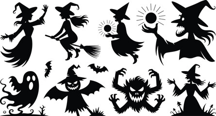 Halloween witches and ghosts silhouettes, spooky scary witches flying on broomsticks, dark magic, haunted ghost shapes, creepy bats and monsters, black silhouette Halloween characters