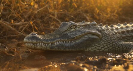 Obraz premium Alligator lurks near water, golden sunlight reflecting