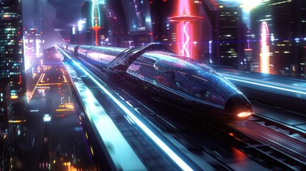 Fototapeta premium Futuristic city train at night