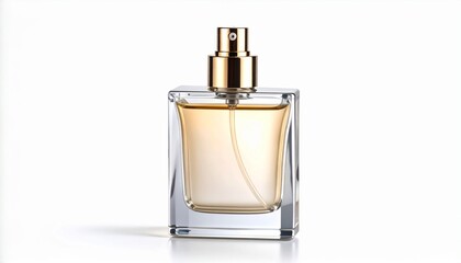 Minimalist transparent perfume bottle with silver spray cap on clean white background for a modern, unisex fragrance concept.