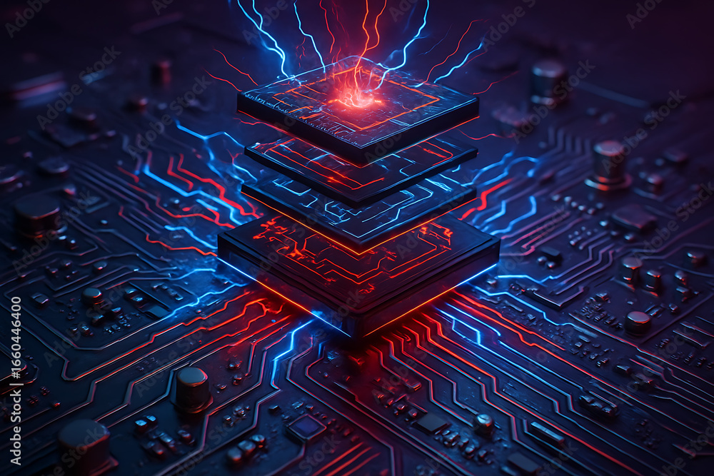 Poster close-up of a futuristic circuit board with layered processors glowing with red and blue energy, rep