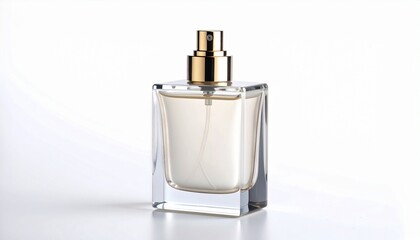Minimalist transparent perfume bottle with silver spray cap on clean white background for a modern, unisex fragrance concept.