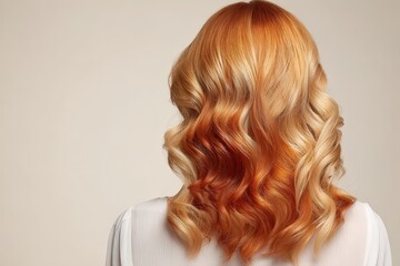 Fototapeta premium A woman's back view showcases beautifully styled, vibrant auburn and blonde highlights against a neutral backdrop.