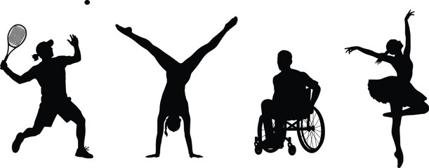 Silhouette of diverse athletes, tennis player, gymnast, wheelchair athlete, ballerina dancer, sports diversity, fitness concept, inclusive physical activity illustration