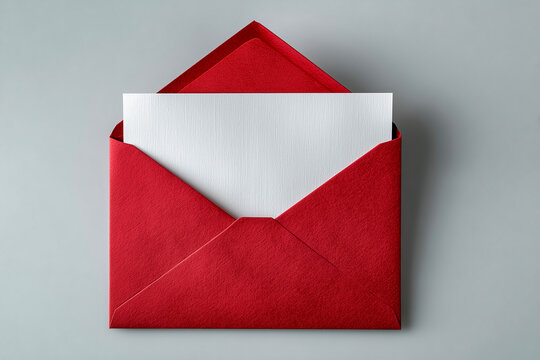 A red envelope sits elegantly on a gray background, with a blank white letter peeking out, perfect for invitations or personal messages.