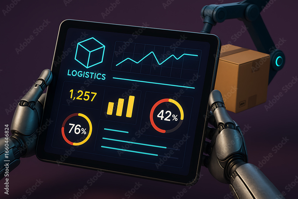 Poster a robotic hand holding a tablet displaying a logistics dashboard with various graphs and charts, and