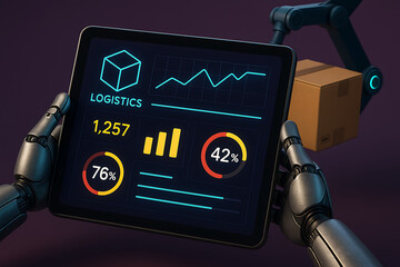 A robotic hand holding a tablet displaying a logistics dashboard with various graphs and charts, and a robotic arm moving a cardboard box in the background