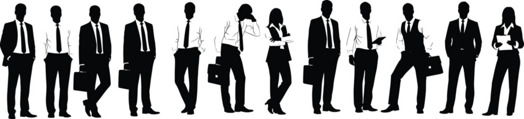 Silhouettes of business people standing, professional men and women in formal attire, corporate team with briefcases and documents, office workforce group
