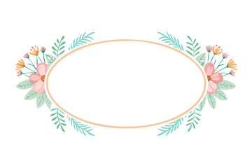 Oval frame adorned with pink flowers, yellow buds, and teal leaves on a white background design element