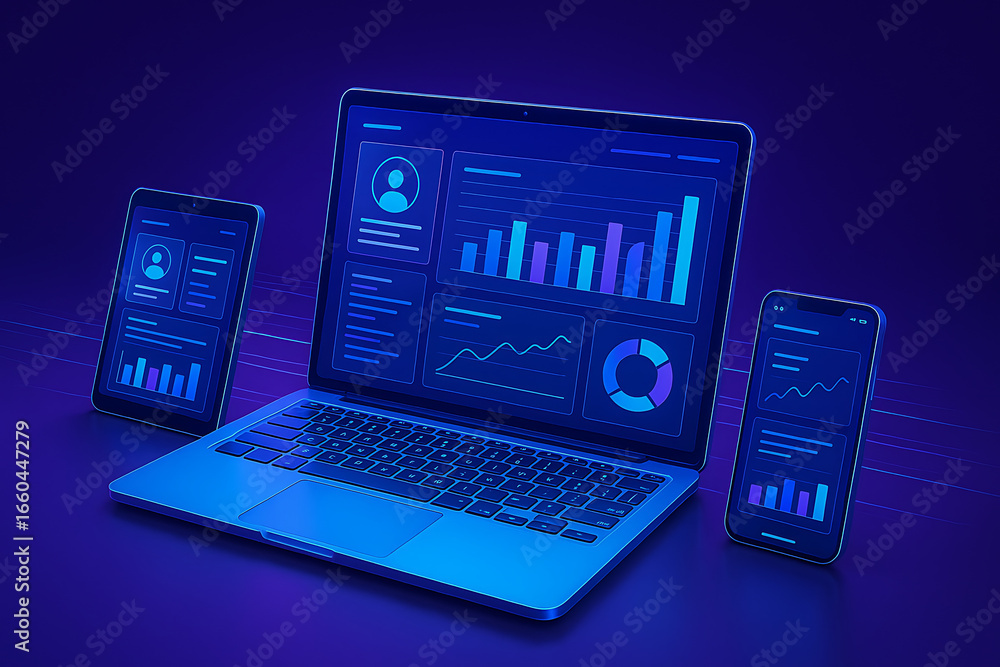 Poster responsive web design showcase with a laptop, tablet, and smartphone displaying a modern digital das
