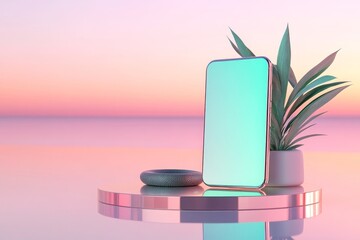 A modern, pastel-toned display of a smartphone, set against a tranquil sunrise backdrop, showcasing a smooth, minimal aesthetic.