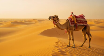 Camel stands in a vast, golden desert landscape under a warm, hazy sky