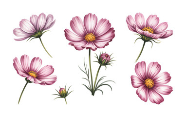 Fototapeta premium Pink cosmos flowers with soft watercolor petals and green stems. Watercolor floral collection of blooming cosmos flowers in pastel tones.