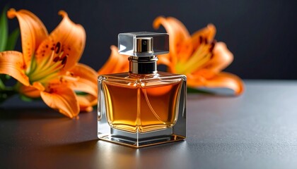 Amber perfume bottle with square glass cap placed beside vibrant orange lilies on a dark surface for a bold and elegant floral presentation.
