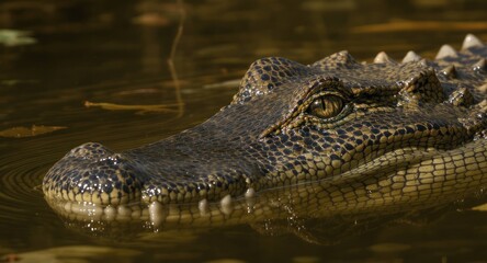 Fototapeta premium Close-up of an alligator's head in dark water, showing scales and eye detail