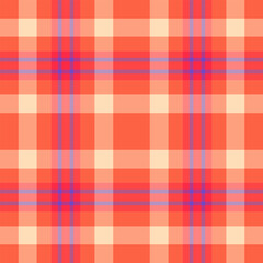 Vibrant plaid pattern featuring interlaced stripes in warm orange, cream, and cool blue. Ideal for backgrounds, textiles, or graphic designs needing a classic texture.