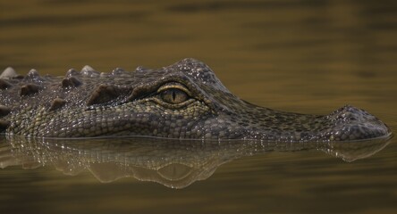 Fototapeta premium Crocodile eye and snout peaking out of murky water