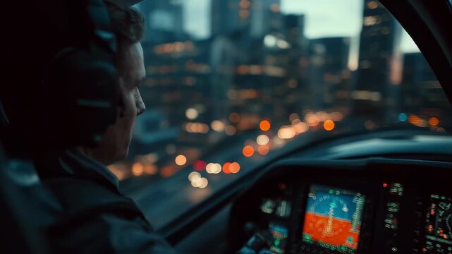Shot capturing a pilot inside a sleek VTOL cockpit preparing for departure with a dimly lit vertiport and blurred urban structures visible beyond.