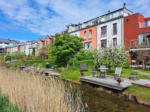 Houses of Different Design along a Canal at the European Village in Malm&ouml;, Sweden