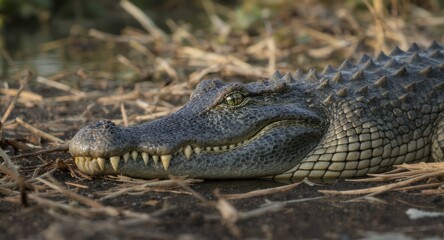 Fototapeta premium Crocodile rests, head to foreground, near water; detailed scales texture