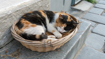 Sleeping Calico Cat Curled in Basket on Gray Stone Surface