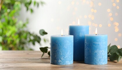 Five lit blue candles on rustic wooden surface with warm bokeh lights and greenery in the background for a cozy, tranquil ambiance.