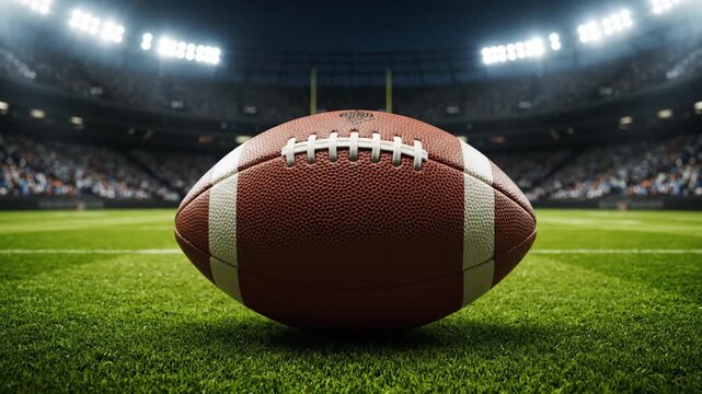 American Football at Night Game - Close-up view of an American football on a green field, with a blurred background showing a packed stadium under bright lights at night.