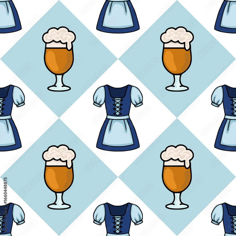 Poster seamless vector pattern featuring a whimsical oktoberfest design with alternating illustrations of b