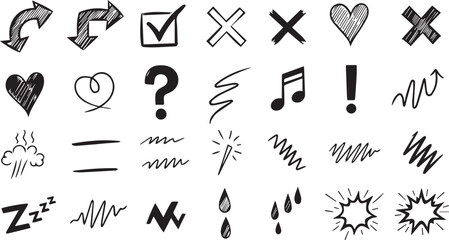 Minimalist black and white symbol icon set – hand-drawn arrows, marks, and expressive doodles for comics, notes, and creative design.