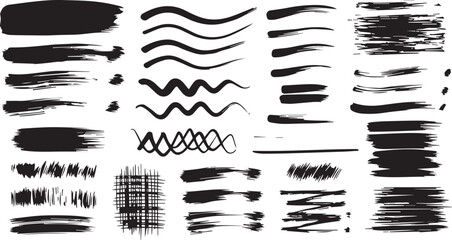 Minimalist black and white brush stroke icon set – hand-drawn textured lines, smears, and patterns for artistic design and visual emphasis.