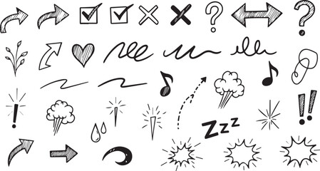 Minimalist black and white sketch icon set – expressive hand-drawn arrows, symbols, and motion doodles for creative communication and design.