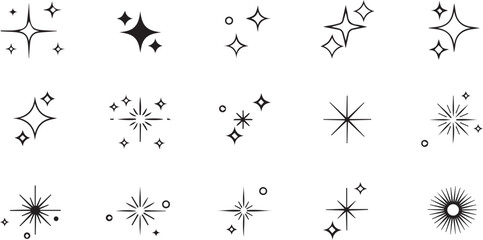 Naklejka premium Minimalist black and white sparkle icon set – hand-drawn starbursts and twinkle doodles for shine, emphasis, and decorative flair.