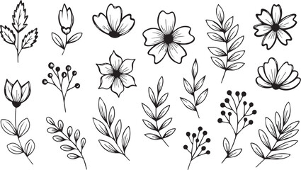Minimalist black and white botanical icon set – hand-drawn floral, leaf, and berry silhouettes with elegant natural detail and sketch texture.