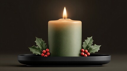 Festive candle with holly berries on a black tray decoration