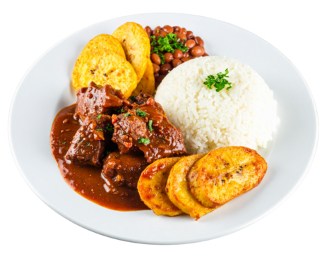 Traditional Dominican La Bandera Plate with Rice, Stewed Meat, and Fried Plantains
