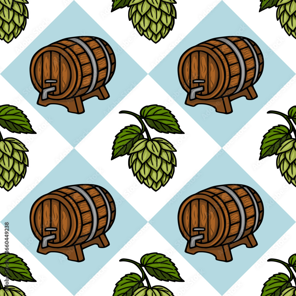 Poster seamless vector pattern featuring handdrawn illustrations of wooden beer barrels and hops on a light