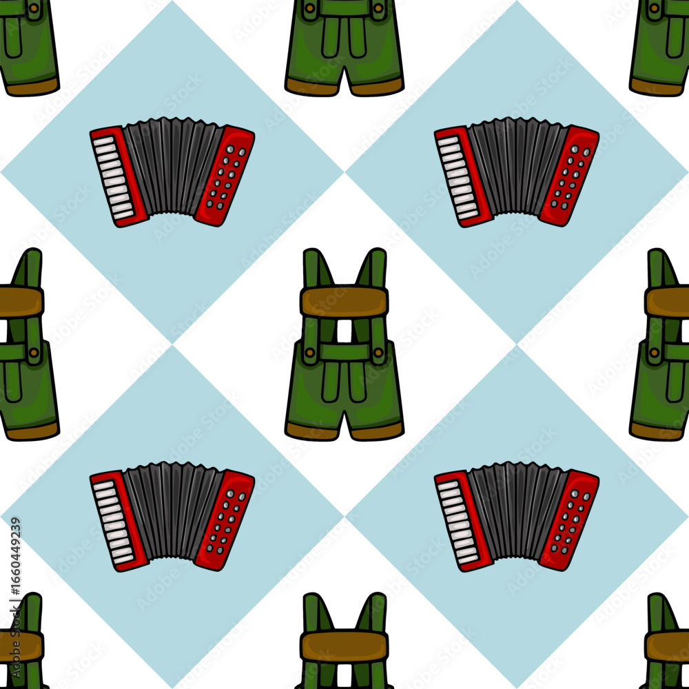 Poster seamless vector pattern featuring a cheerful oktoberfest design with repeating red accordions and gr