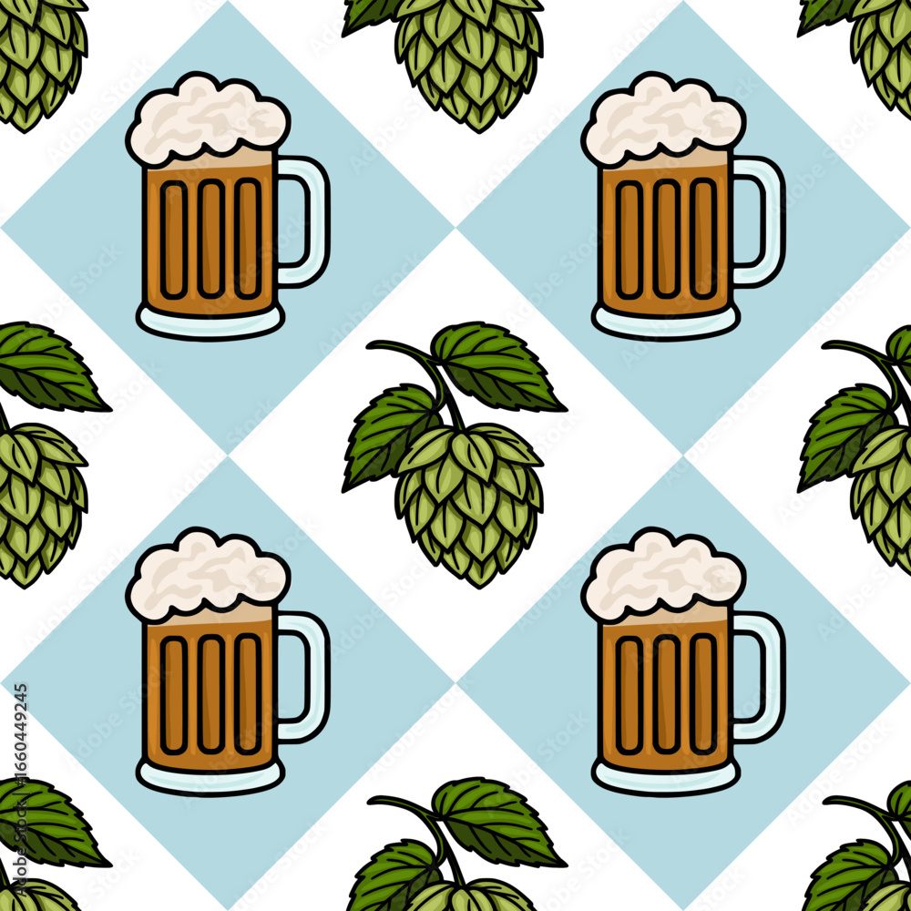 Poster seamless vector pattern featuring mugs of beer and hops, designed with a light blue diamond backgrou