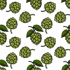 Fototapeta premium Seamless vector pattern of handdrawn hops cones and leaves, featuring a vibrant green color palette and a detailed, slightly rustic style, perfect for Oktoberfest or brewery designs.