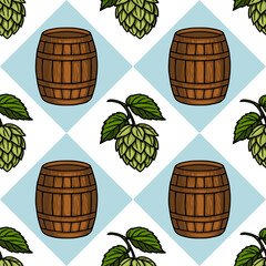 Seamless vector pattern featuring handdrawn illustrations of wooden barrels and hops, set against a stylish light blue diamondshaped backdrop, perfect for Oktoberfest or brewery designs.
