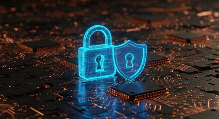 Futuristic Cyber Security Concept Featuring Glowing Padlock and Shield on Circuit Board Demonstrating Data Protection with Advanced Encryption Technology for
