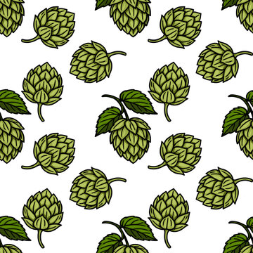 Seamless vector pattern of handdrawn hops cones and leaves, featuring a vibrant green color palette and a detailed, slightly rustic style, perfect for Oktoberfest or brewery designs.