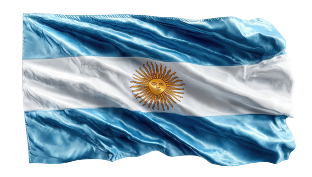 Waving Argentinian flag, blue and white stripes, sun emblem detail