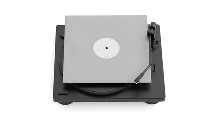 Sleek Black Turntable with a Blank Grey Record Sleeve Isolated HighAngle View for Mockups.