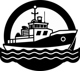Obraz premium Bold Emblematic Silhouette of a Fishing Vessel Navigating Wavy Waters Encapsulated in a Circular Border Evoking Maritime Industries